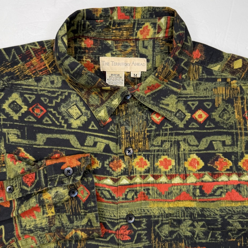 VTG The Territory Ahead Button Up Shirt Mens M Green Tribal Southwest Cotton 90s